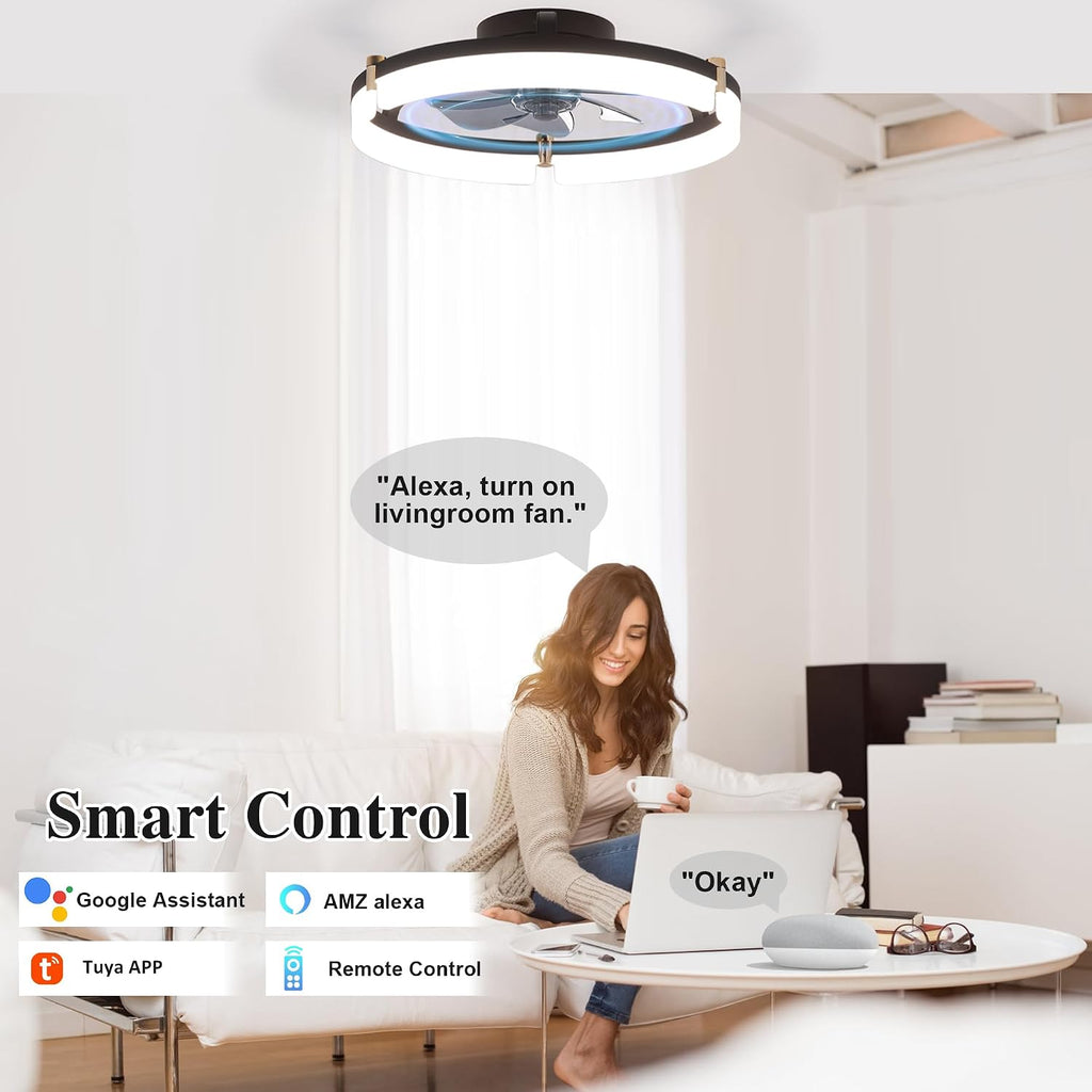 Smart Ceiling Fans with Lights Remote - 20'' WiFi Alexa Flush Mount Low Profile Modern Ceiling Fans - Stepless Color