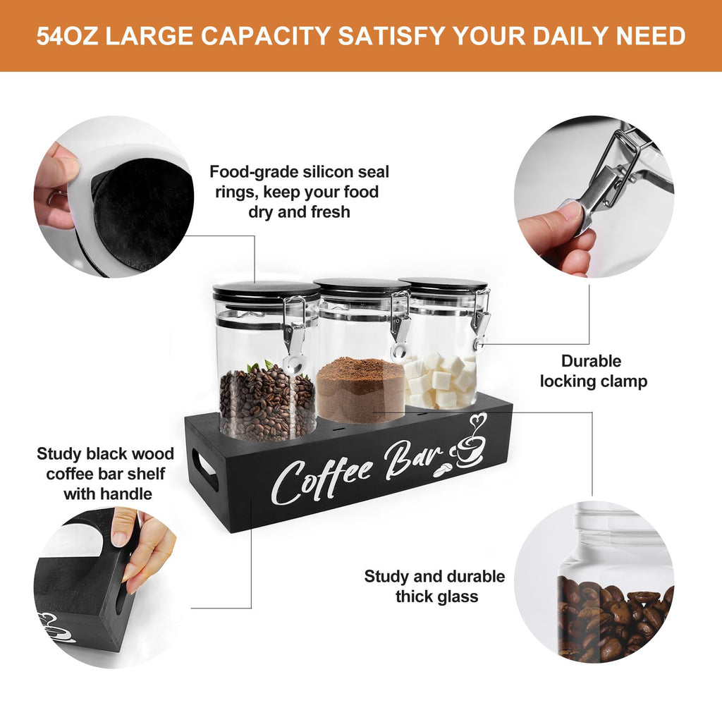 Glass Coffee Containers with Shelf Coffee Station Organizer 54oz Black Glass Coffees Bean Storage Canister with Spoon