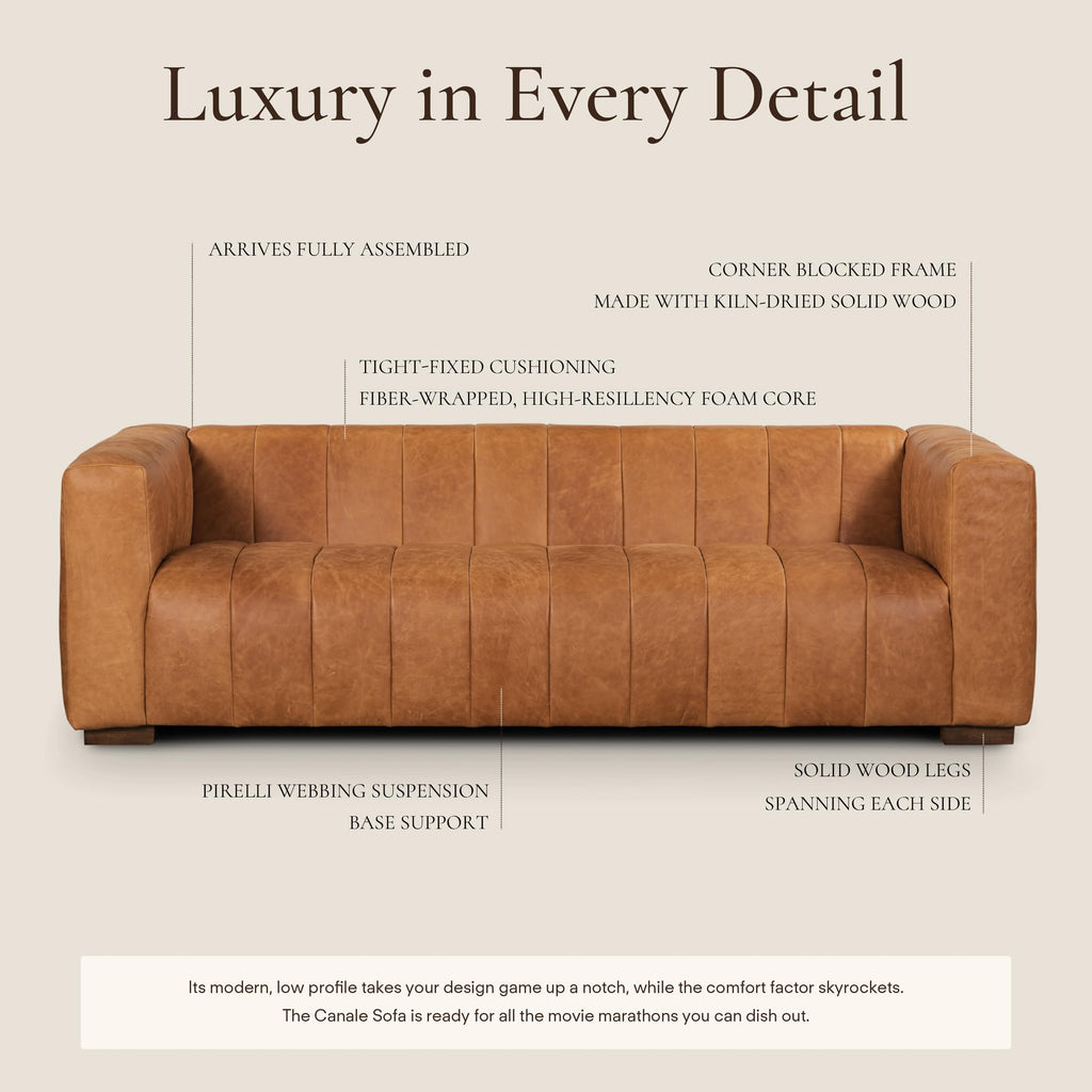Canale Sofa - 86" Channel-Tufted Italian Leather Couch - Cognac Tan Full-Grain Pure-Aniline or Semi-Aniline Leather