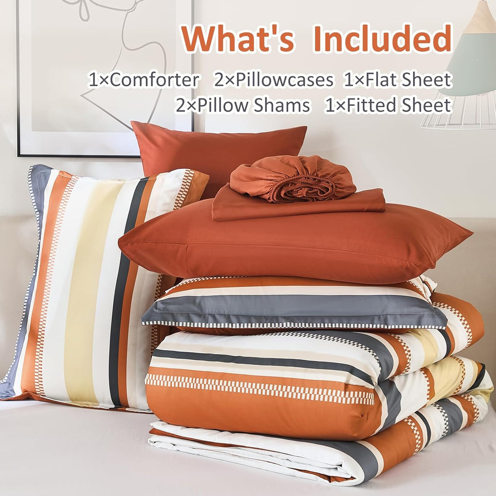 Queen Comforter Set, 7 Pieces Bed in a Bag Orange Queen Bed Set, Soft Boho Striped Bedding Sets with Sheets