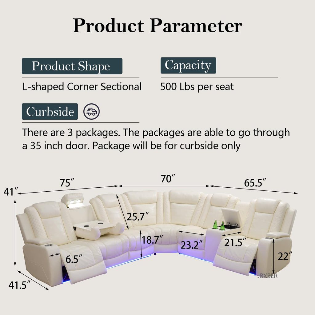 Power Recliner Sectional Sofa Set, Creamy Leather Sectional Couch, L Shape Reclining Sofa with Cup Holder, Hidden