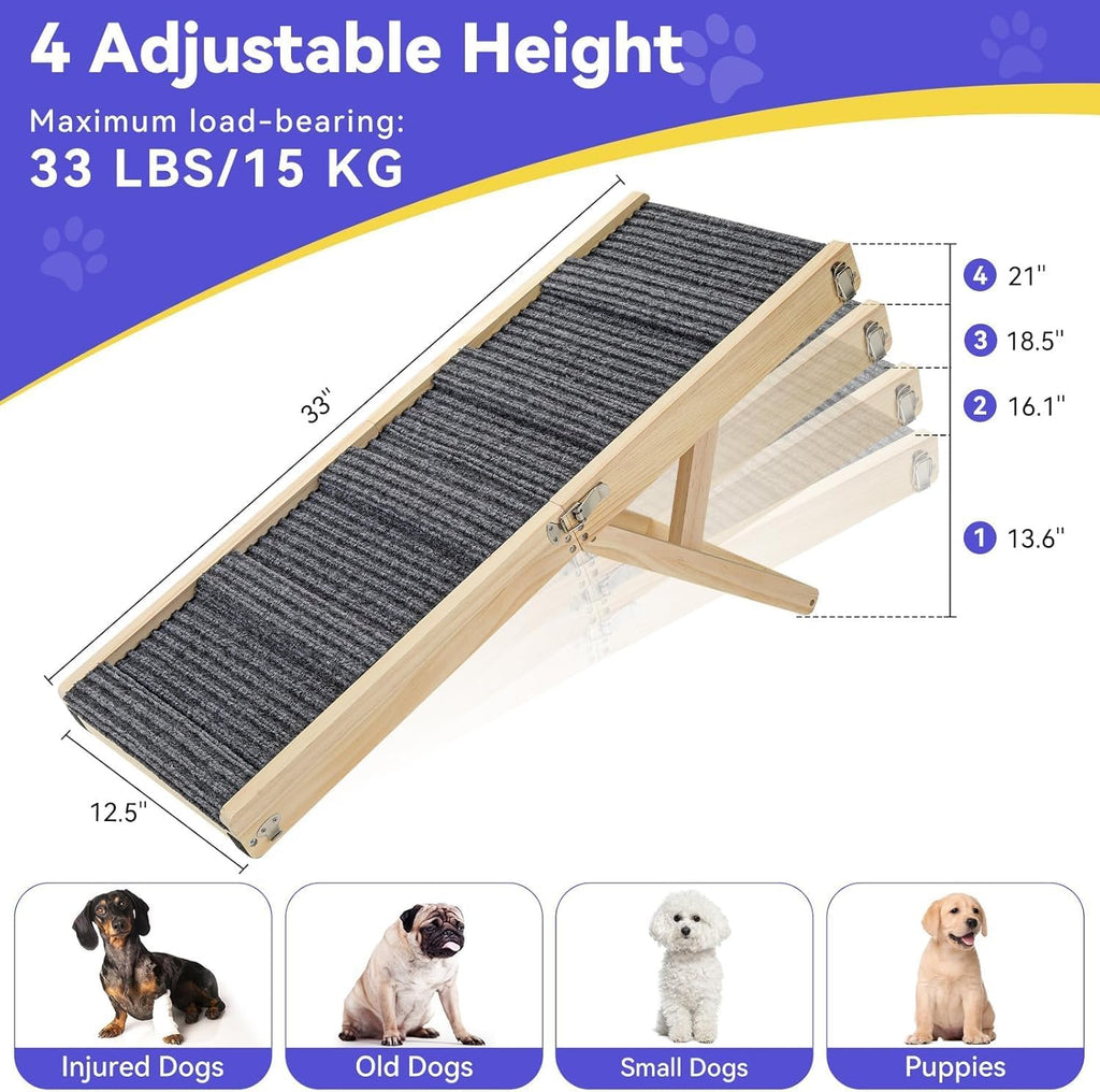 Dog Ramp for Couch, Adjustable Wooden Pet Ramp, 4 Heights, Foldable