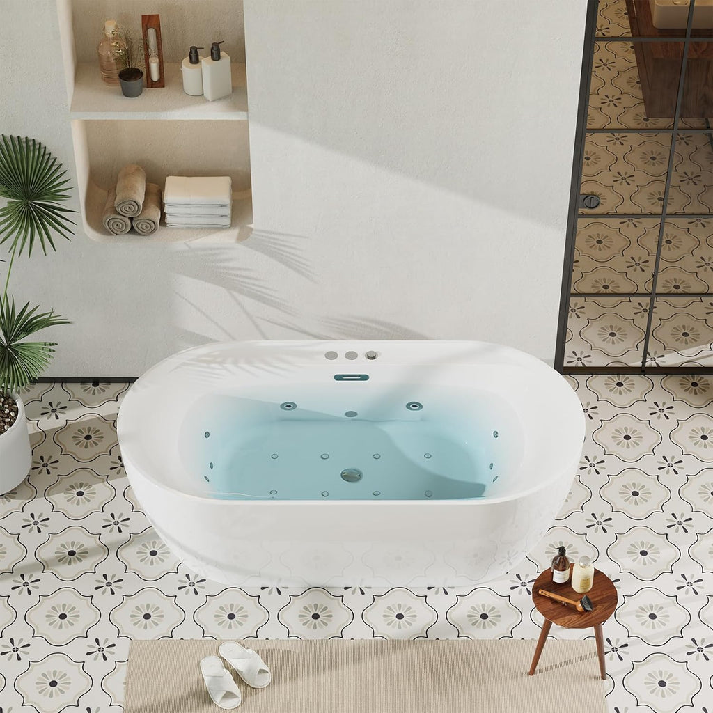 Acrylic Freestanding Bathtub, 71-Inch White Soaking Tub with Air Bubble Jets, Manual Control, Modern Stand-Alone Design