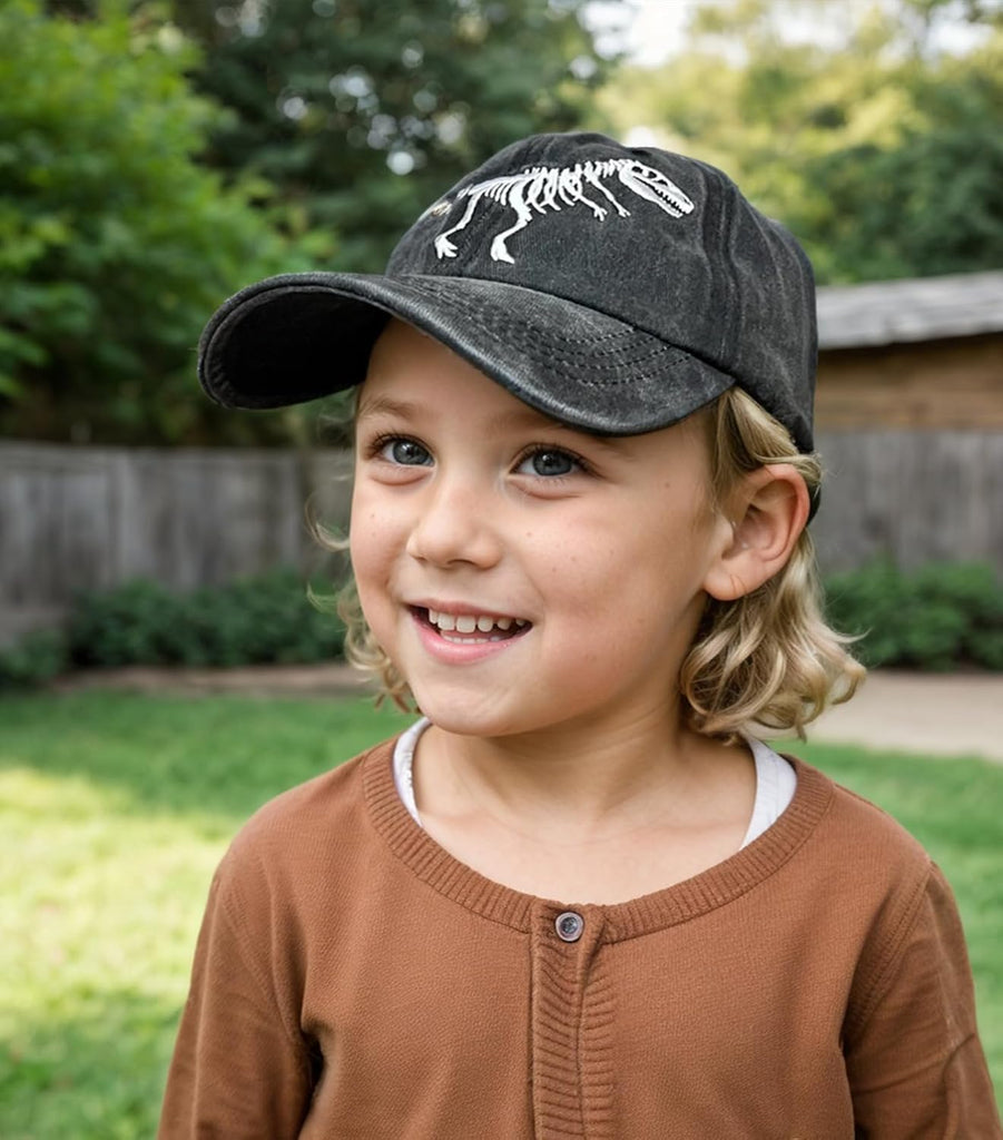 Boys' Skull Dinosaur Hat, Embroidered Dino Washed Adjustable Baseball Cap for Kids