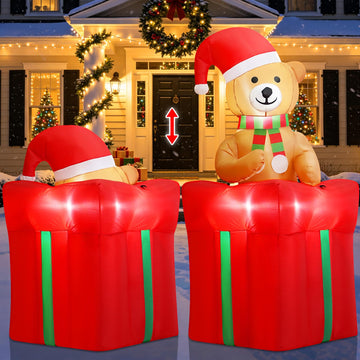 5.5FT Christmas Inflatable Rising Teddy Bear, Animated Lift Up Bear in Gift Box with Built-in LED Lights, Outdoor