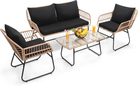 Kromax 4 Piece Patio Bistro Outdoor Furniture Set, Wicker Sofa, 2 Rattan Chairs, and Table, Backyard Conversation Set