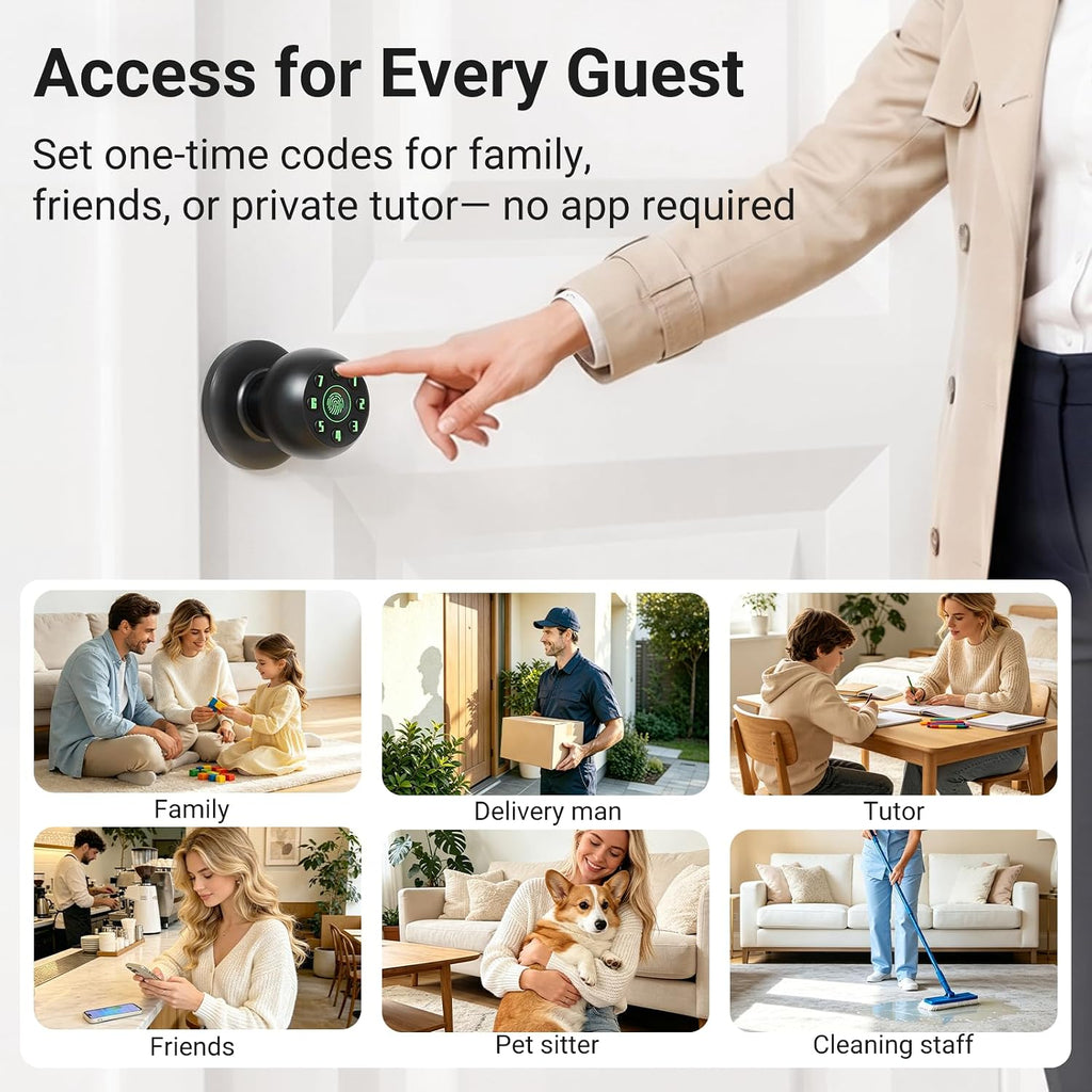 Smart Fingerprint Door Knob , Biometric Door Lock with Code & Key, Auto-Locking Thumbprint Door Knob for Interior