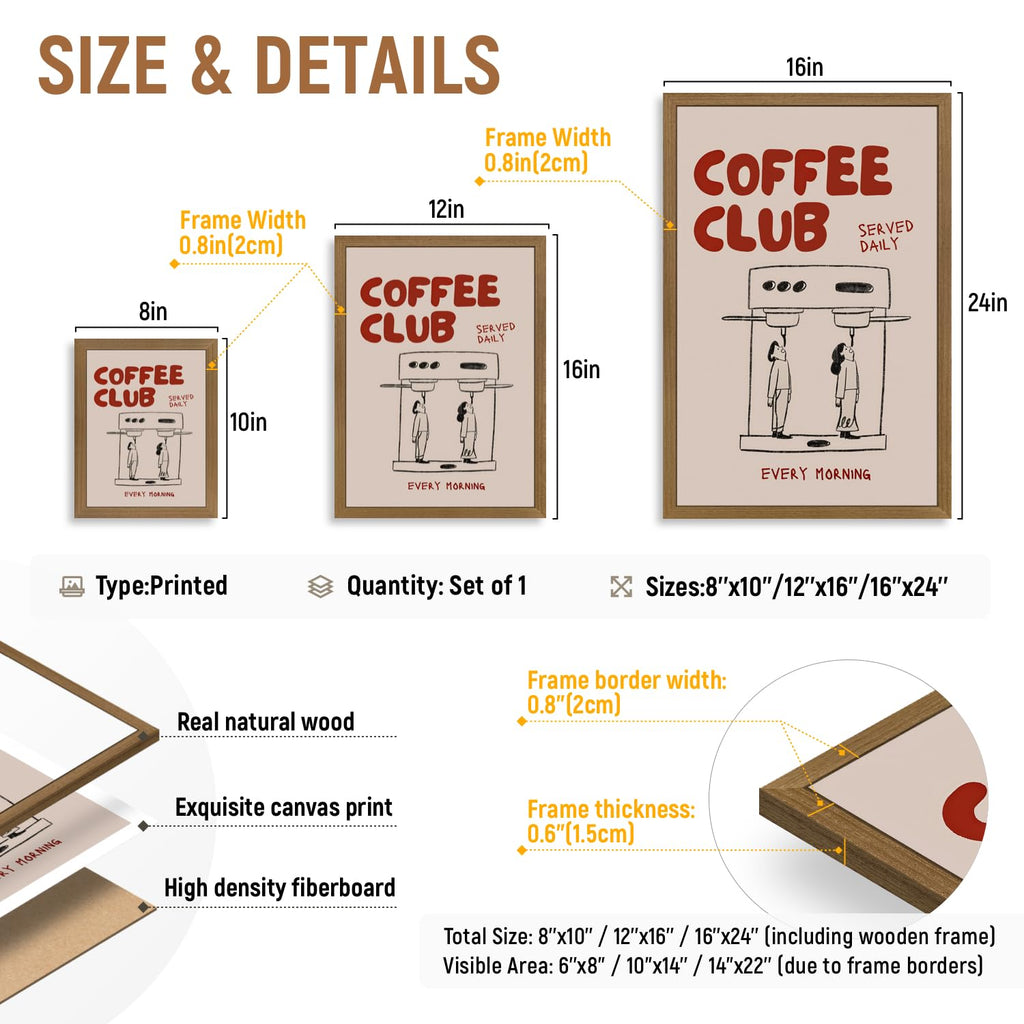 Wood Framed Funny Coffee Wall Art, Coffee Club Kitchen Wall Decor, Minimalist Line Drawing Coffee Bar Poster Print