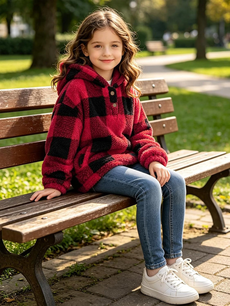 Girls Fuzzy Pullover Hoodie Sherpa Fleece Button Fluffy Sweatshirt