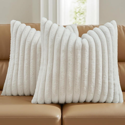 Pack of 2 Fluffy Faux Fur Throw Pillow Covers 18x18 Inch Elegant Striped Textured Decorative Cushion Cases Modern
