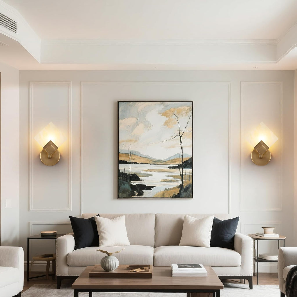 Marble Wall Sconces Set of 2, Natural Marble & Gold Square Wall Sconce Hardwired, Dimmable Wall Light Fixtures