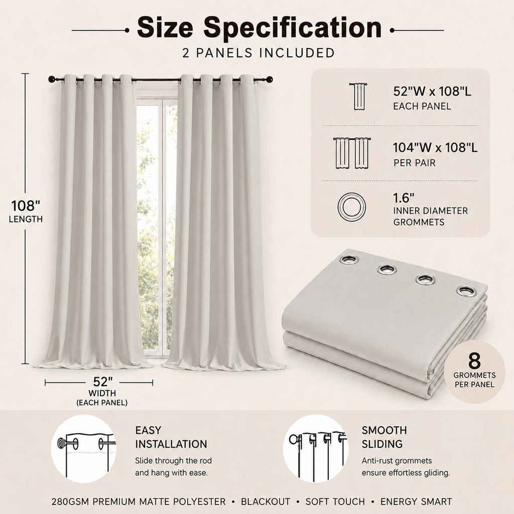 Grommet Blackout 108 Inch Long Curtains 2 Panel for Large Living Room/Patio/Sliding Door, Solid Total Darkness