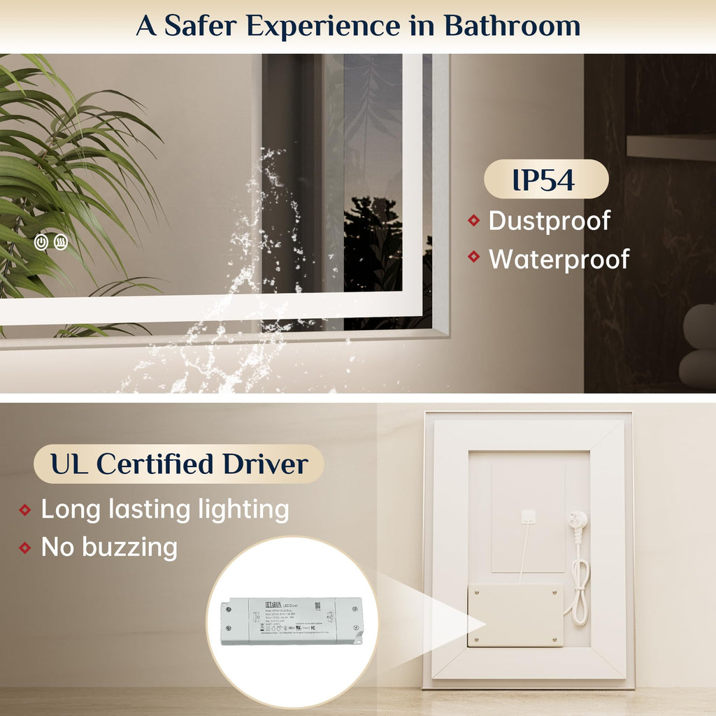 28x36 Inch Nickel LED Bathroom Mirror with Lights, Beveled Edge