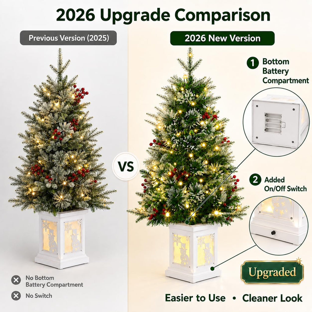 3ft Pre-Lit Holiday Christmas Tree, Artificial Christmas Tree with Timer Function and Led Lights, Snowman and Red