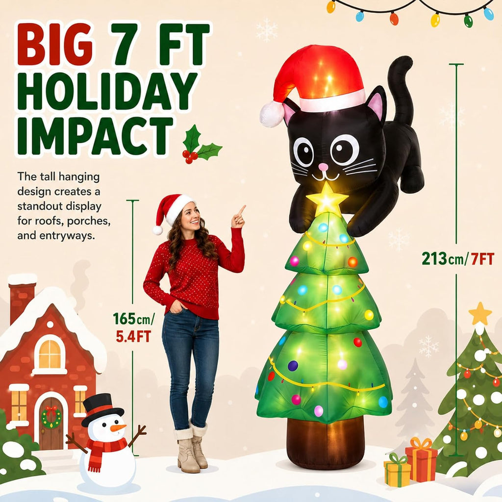 7ft Cat Christmas Inflatable Roof Hanging Outdoor Decorations