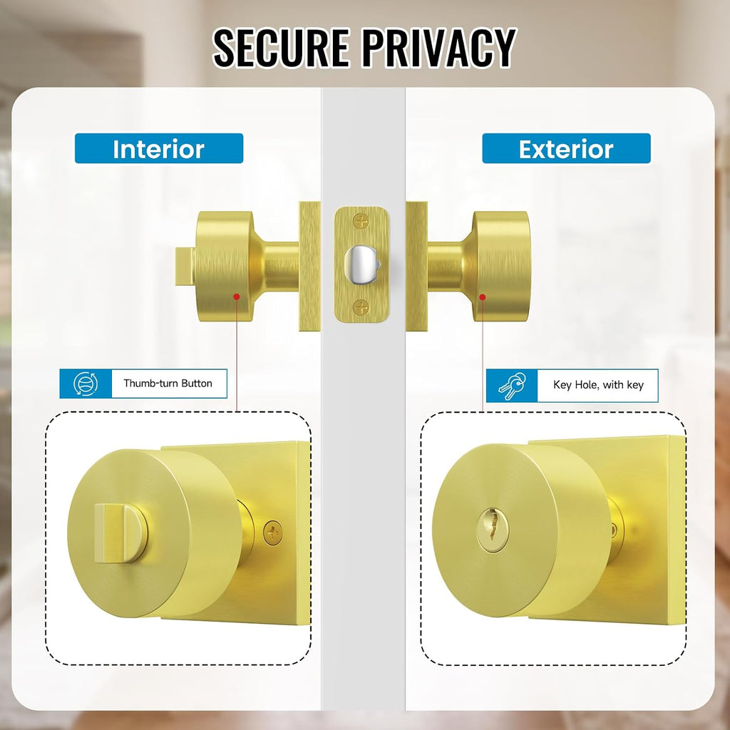 Exterior Entry Door Knob with Lock and Key, Brushed Gold Bedroom Lock