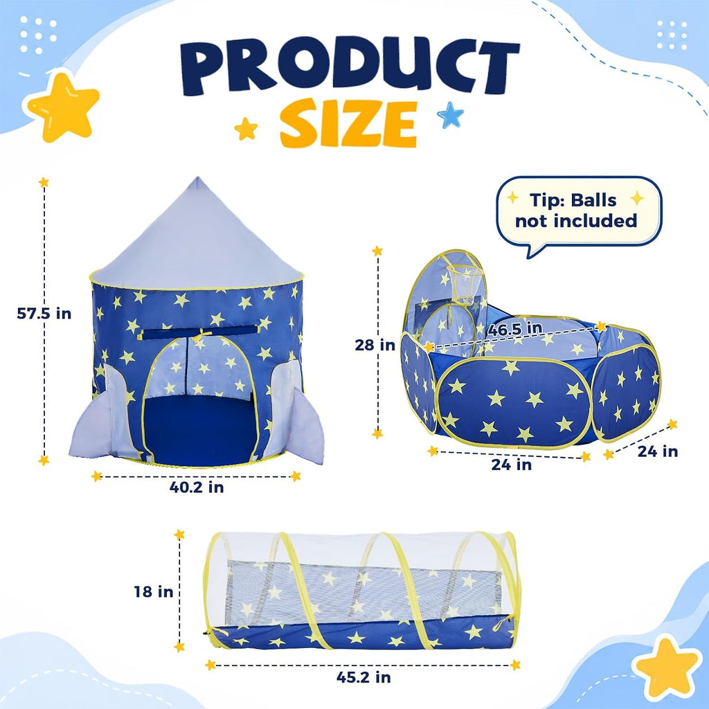3pc Kids Play Tent for Boys with Ball Pit, Crawl Tunnel, Princess Tents for Toddlers, Baby Space World Playhouse