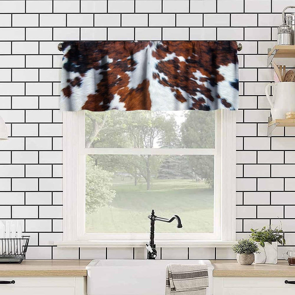 Farmhouse Cowhide Valance, Abstract Brown White Cow Fur Western Animal Skin Print Blackout Short Window Curtain