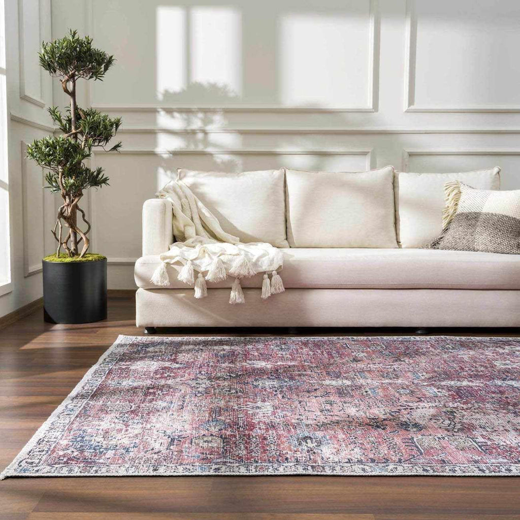 Wentworth Machine Washable Area Rug - Floral Distressed Border Medallion Faded - Traditional Oriental Vintage