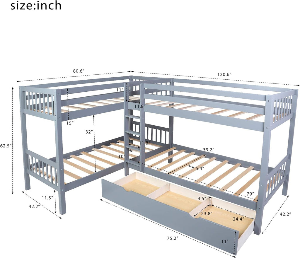 Twin L-Shaped Bunk Bed with Storage Drawers, Wooden Bunk Bed for 4, Grey