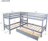 Twin L-Shaped Bunk Bed with Storage Drawers, Wooden Bunk Bed for 4, Grey