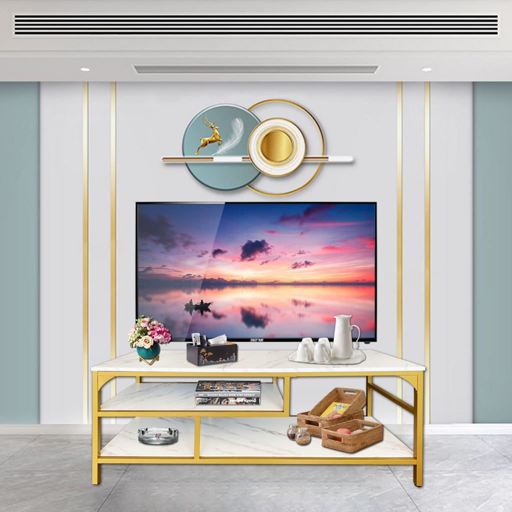 3-Tier Stand for TV Media Console Table with Open Shelving Storage Bedroom (Gold Frame with White Faux Marble top PB
