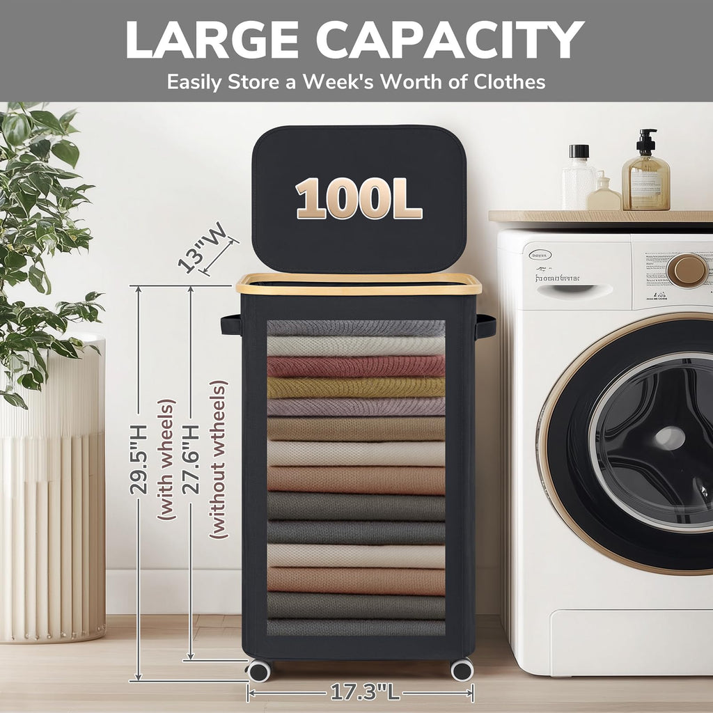 100L Large Rolling Laundry Basket with Wheels and Lid, Black