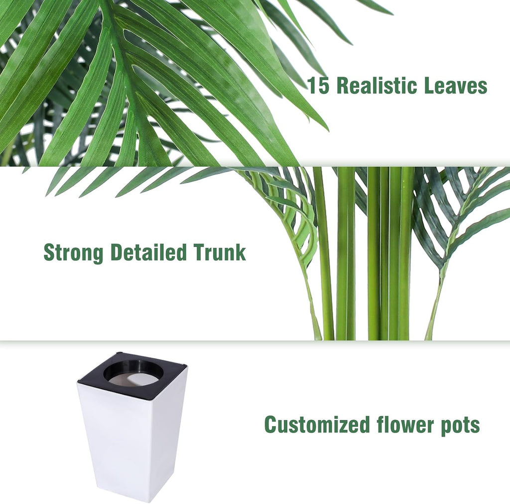 Artificial Palm Tree with White Tall Planter, 6ft Tall Potted Artificial Silk Palm Tree Plant, Fake Tropical Plant