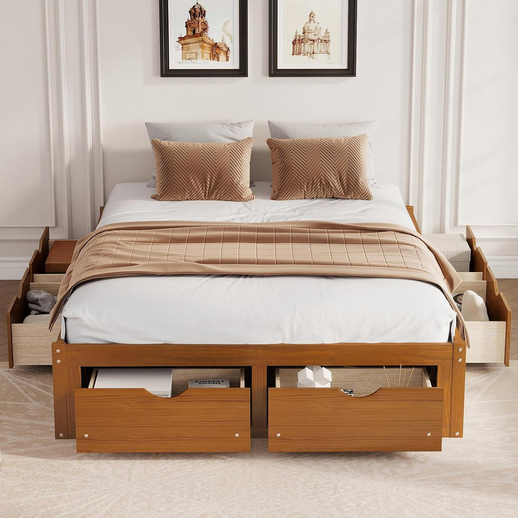 Japanese Platform Bed with 6 Storage Drawers, No Headboard (Walnut, Queen)