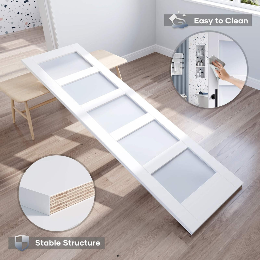 28x84 Inch Glass Sliding Barn Door Slab and 5ft Hardware Kit Included, 5 Frosted Glass, LVL Wood Panel Covered with