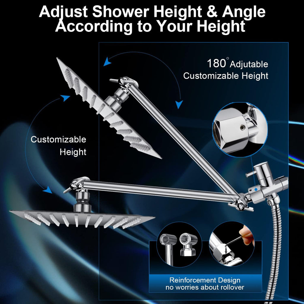 Shower Head Combo,10 Inch High Pressure Rain Shower Head with 11 in Adjustable Extension Arm and 5 Settings