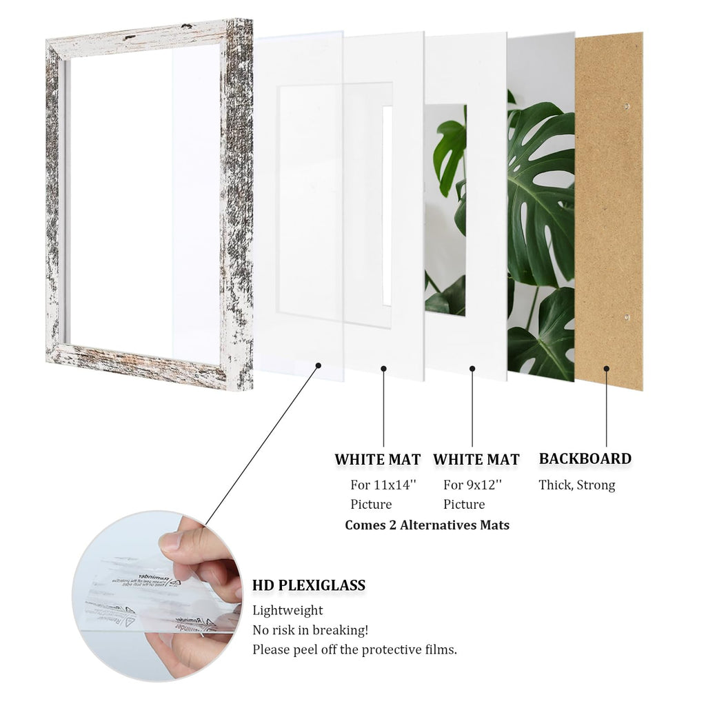 12x16 Picture Frame Rustic White Covered by Plexiglass Made of Solid Wood, Display Pictures 9x12 and 11x14 with Mat