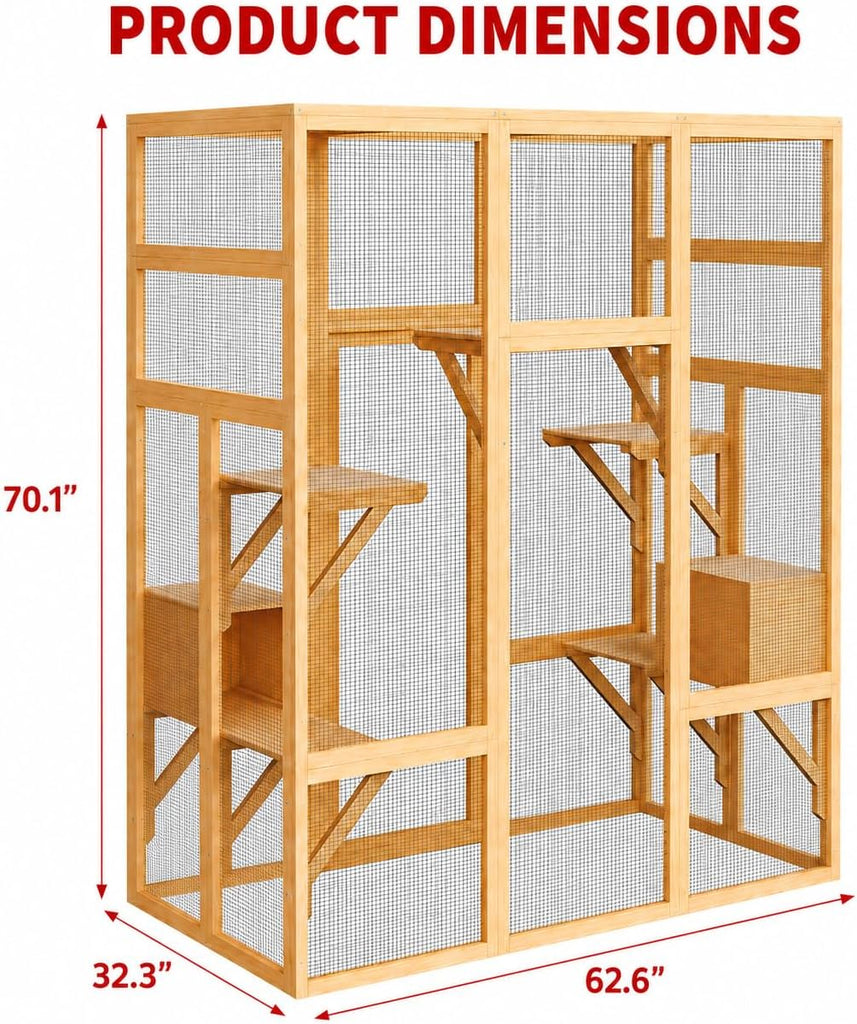 70" Large Catio Outdoor Cat Enclosure, Wooden Patio Cat House, Natural