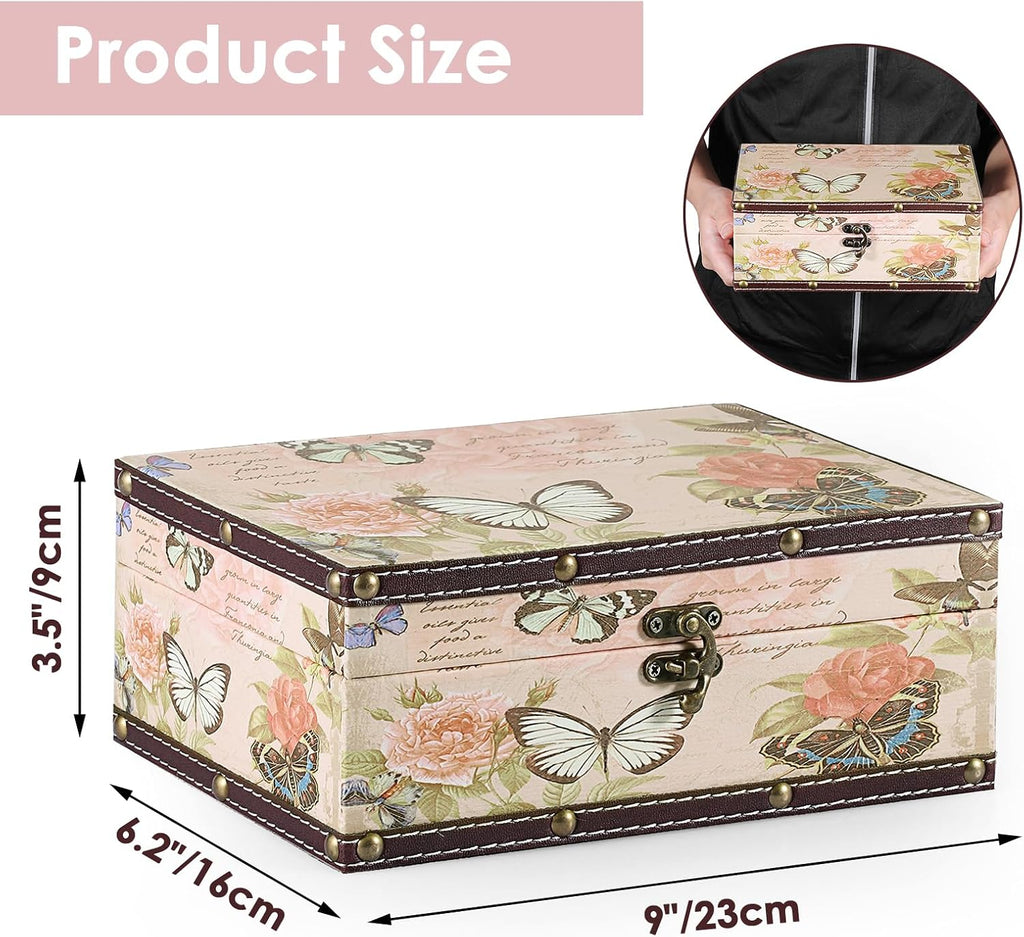Butterfly Treasure Chest Box, Wooden + PU Leather Storage Decorative Box for Jewelry Trinkets Photos, Rectangular