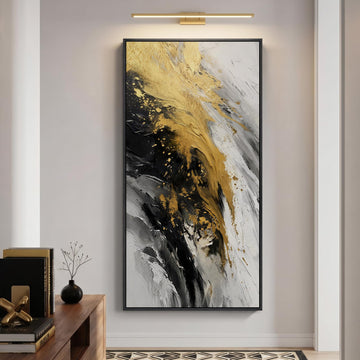 Large Framed Black White and Gold Abstract Wall Art, Vertical 30x60 In