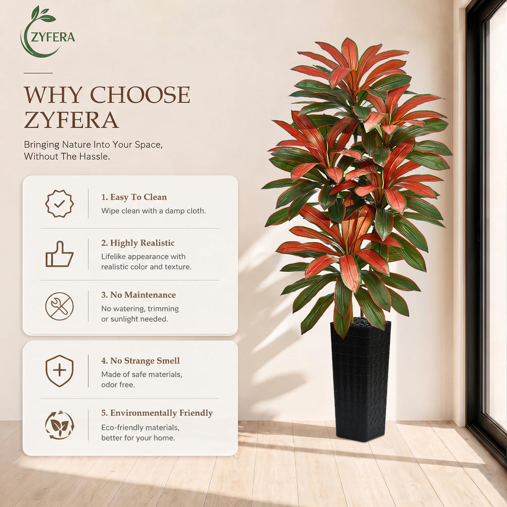 Artificial Red Dracaena Tree 7FT - Fake Tree with Black Tall Planter