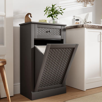 Tilt Out Laundry Hamper Cabinet, Rattan-Style Laundry Room Organization with Removable Laundry Basket, Hidden Wood