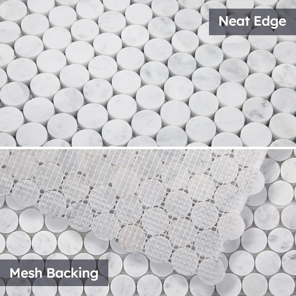 Carrara White Marble Mosaic Tile,1 Inch Penny Round, Honed, 5 Sheets | Natural Bianco Carrera, Marble Stone