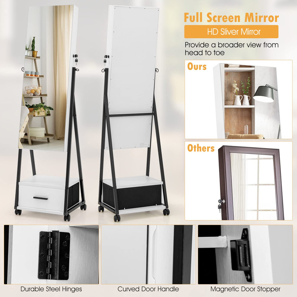 Rolling Jewelry Cabinet with Full Length Mirror, Lockable, White