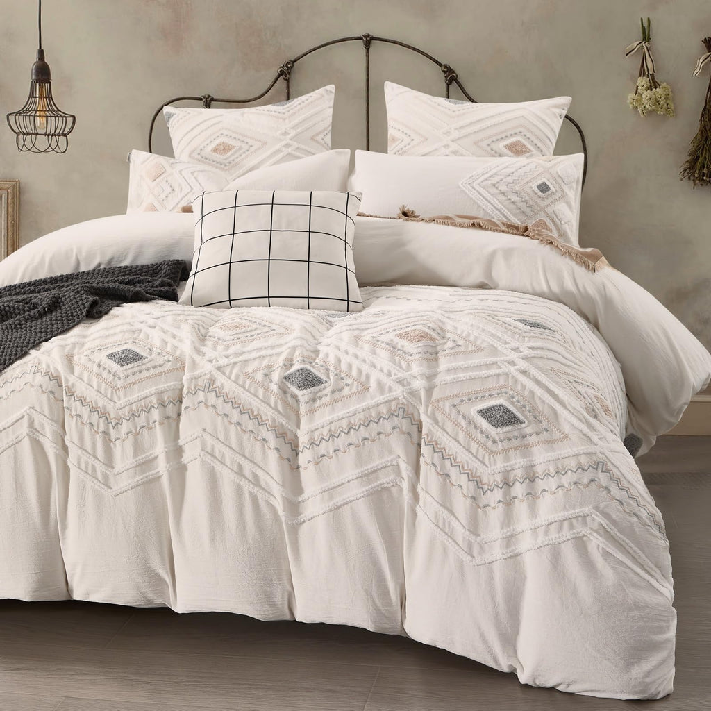 Off White Breathable Tufted Cotton Boho Duvet Cover Set 104x90''