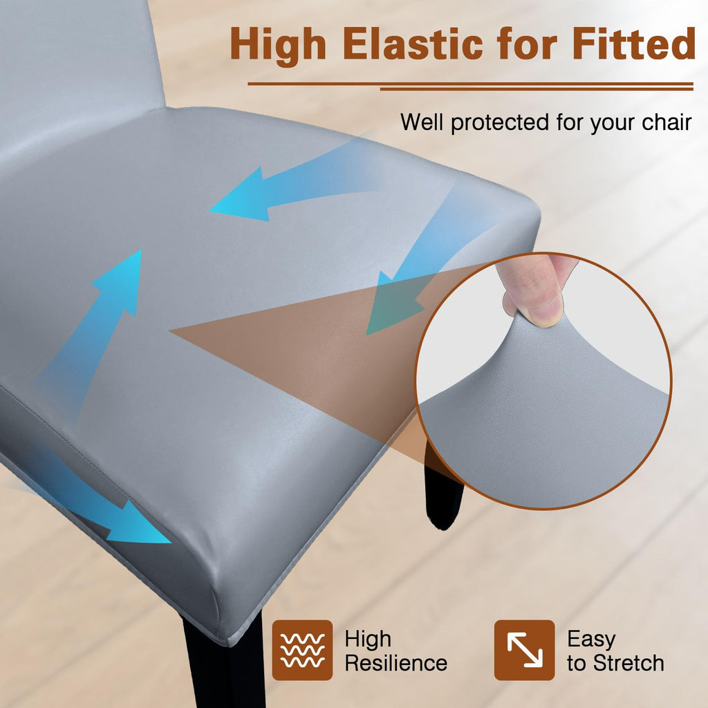 Gray Leather Chair Covers for Dining Chairs Set of 6, Faux Leather Dining Chair Covers Removable Wipeable Parson