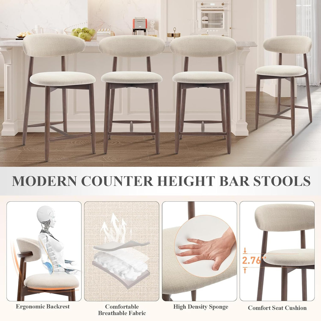 Counter Height Bar Stools Set of 2, Kitchen Bar Stools with Back, Mid Century Modern Upholstered, with Wood Legs