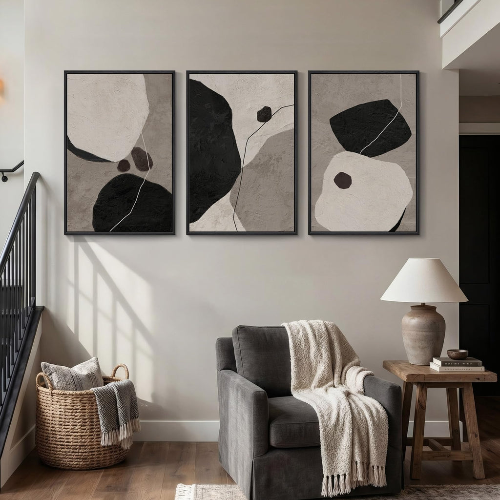 Large Framed Black and White Abstract Wall Art, 3 Piece Set, Each 24x36 In