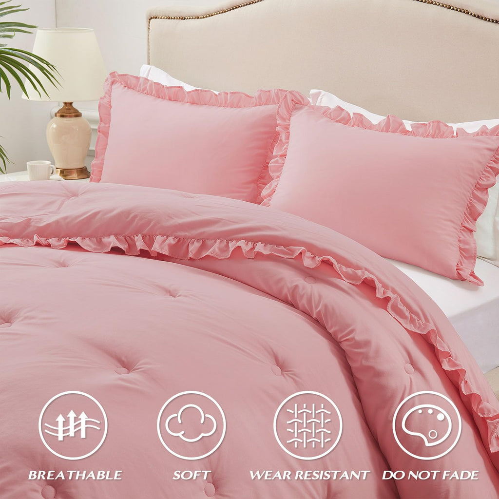 Lightweight 3 Pieces- Ruffle Bed Set Vintage Farmhouse Soft Comforter Set with 2 Pillow Shams(, 106x92 inches