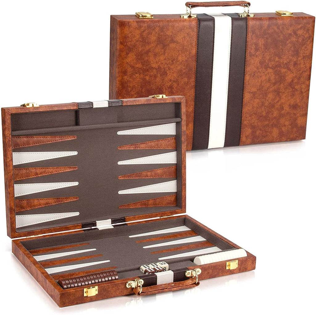 Backgammon Set, 15 Inches Classic Board Game with Leather Case, Folding Board, Gift Package, Portable Travel Strategy