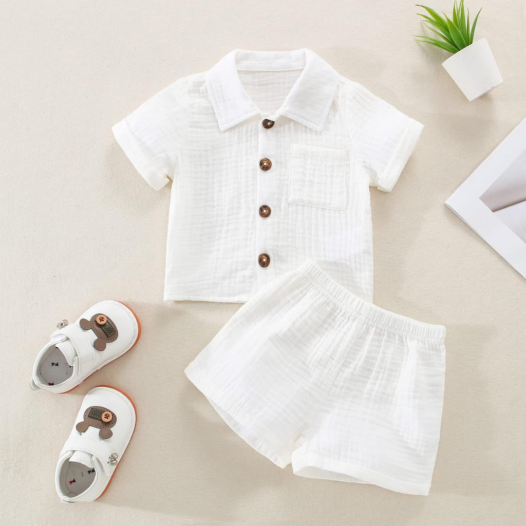 Toddler Baby Boys Clothes Set Button-Down Shirt Tops + Cotton Linen Shorts Summer Outfit 2PCS with Pockets