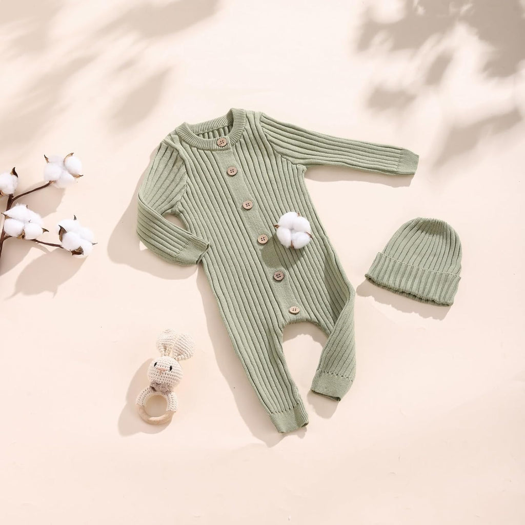 Knit Baby Romper Set Ribbed Newborn Outfit Clothes With Hat