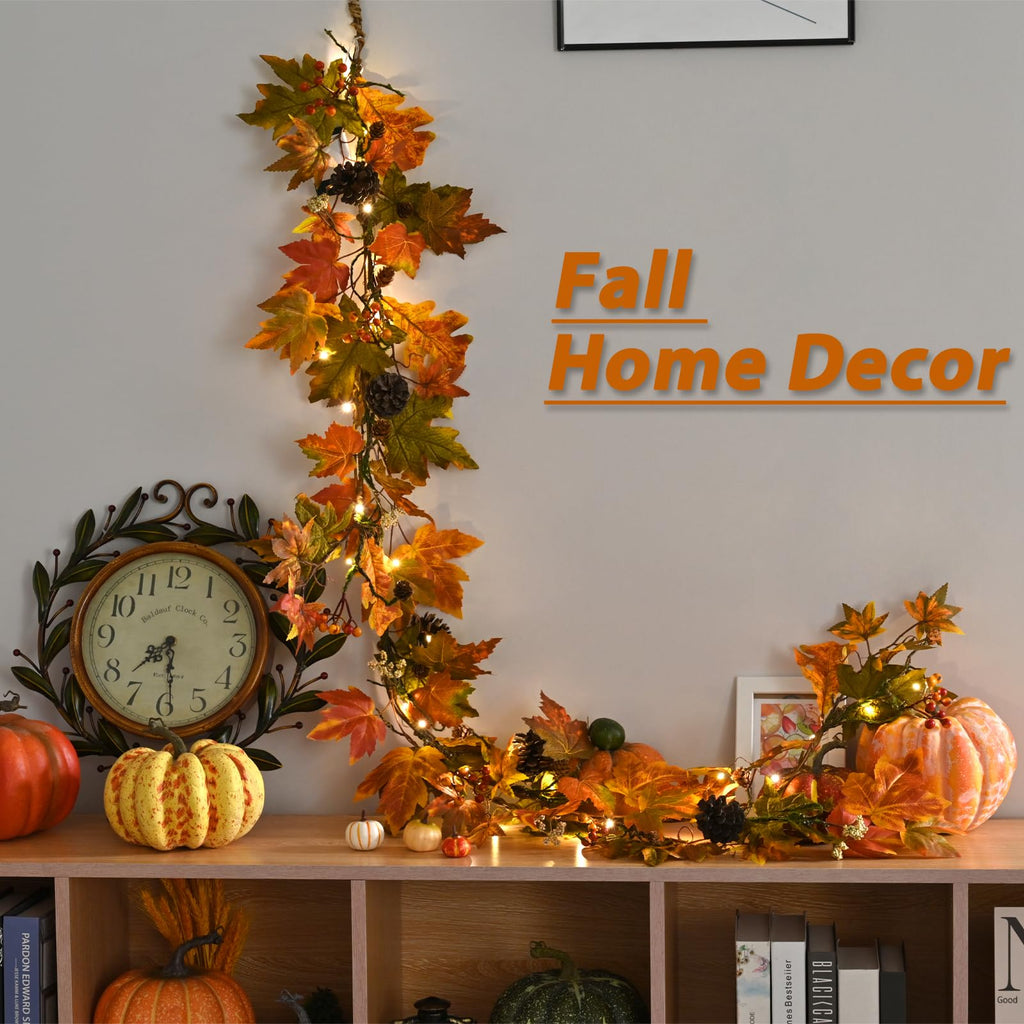 Fall Maple Leaf Garland, 6 Ft Fall Decor Garland with 30 Warm Lights