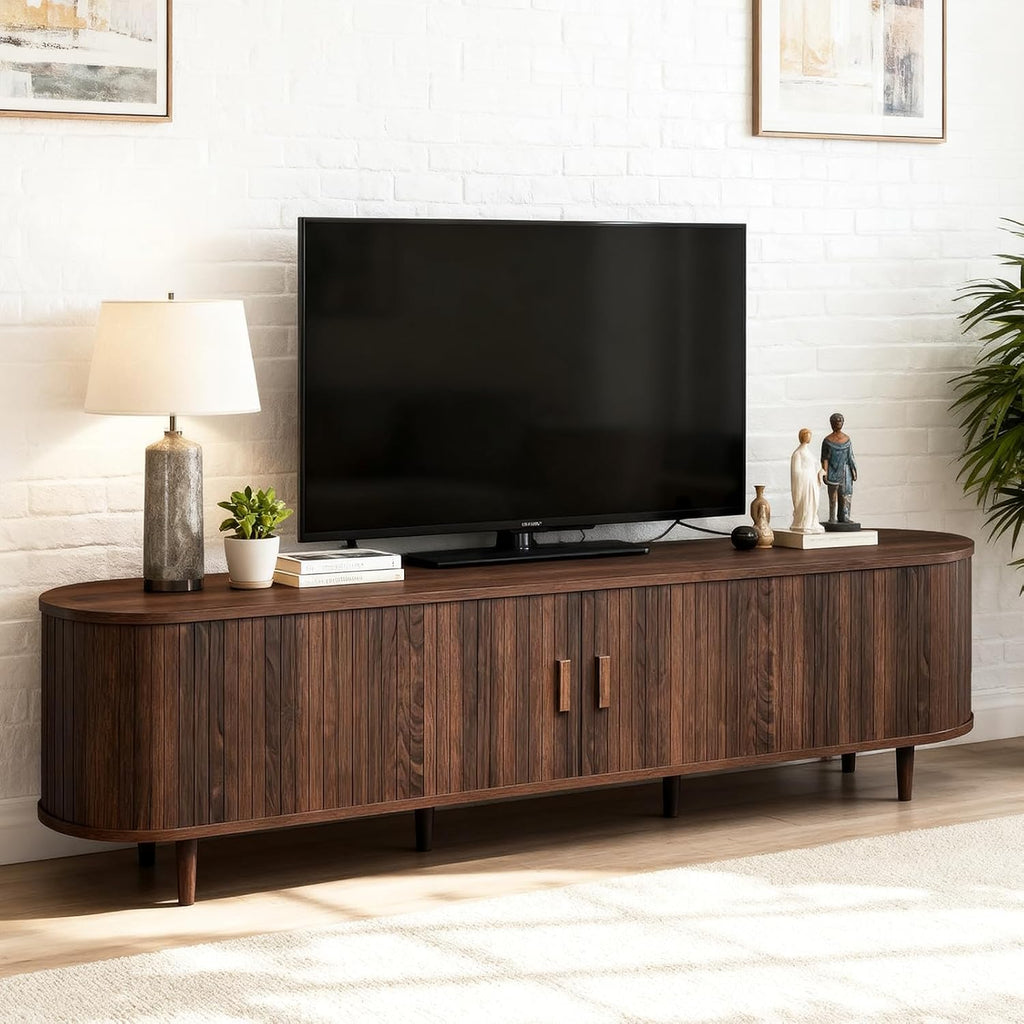 70" Mid Century Modern TV Stand, Wood TV Consoles with Sliding Doors and Power Outlet, Entertainment Center with