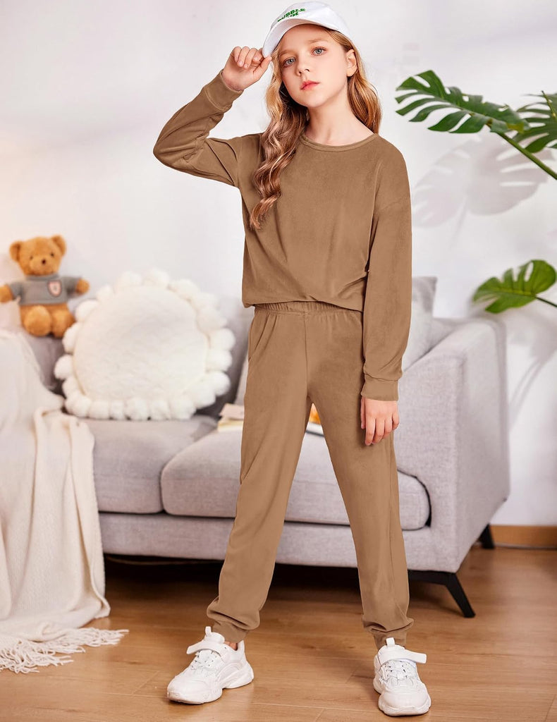 Girls 2 Piece Outfits Kids Casual Velour Sweatshirts & Pants Set